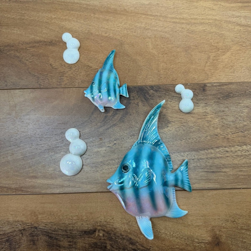 Vintage Mid Century Angel Fish & Bubbles Wall Plaques Norcrest Ceramic 5 Pc Set